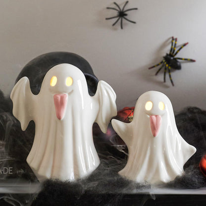 WDS WONDROUS Halloween Decor Light Up Ceramic Ghost Figurines – White Ghost with Pink Tongue Set of 2 – Fall Halloween Indoor Decorations for Home Table Office Desk Decor, Cute Ghost Statues