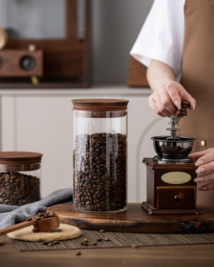 BOILMERIT 37 oz Coffee Canister with Scoop and Wooden Lids, Airtight Storage Container Sets of 2 for Ground Coffee & Beans, Glass Jars for Coffee Bar Organizer, Kitchen Countertop