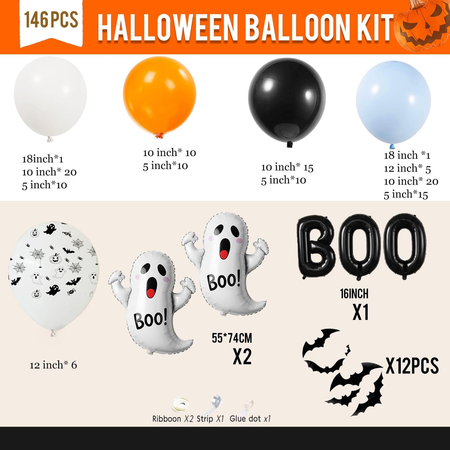 Halloween Balloon Garland Arch Kit - 114Pcs Black Blue Orange Balloons with Ghost Bat Boo Foil Balloons for A Little Boo Is Almost Due Baby Shower, Spooky Theme Indoor Outdoor Party Decorations