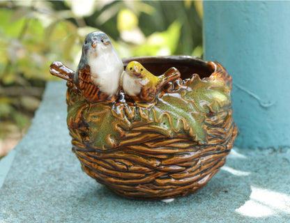 Rmdusk Handmade Ceramic Bird Nest Succulent Planter/Plant Pot Flower Pot Bonsai Home Garden Décor Birds Figurine 5" H
