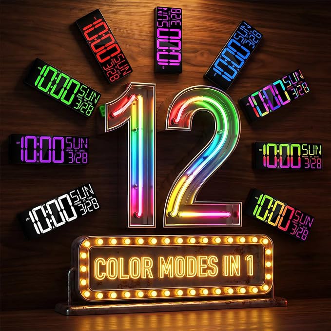JALL 18" Large Digital Wall Clock with RGB Lights & Remote, Digital Clock with Bluetooth Sync & DST, Wall Clock with Temperature & Seconds Display, Clocks for Living Room, Seniors (Black)