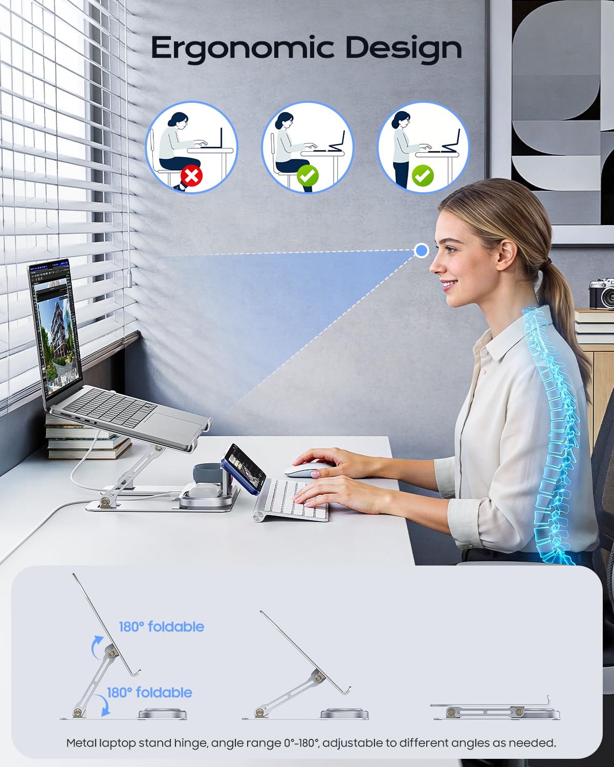 Meifigno Laptop Stand for Desk with Wireless Charging Station Base, Foldable Aluminum MacBook Stand with MagSafe Charger for iPhone/iWatch/AirPods, 30W USB-C Charging for All Laptop, with 65W Adapter