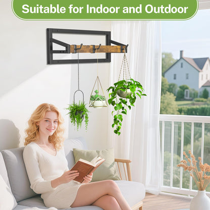 iDavosic.ly Plant Hanger Indoor Set of 2 for Wall & Ceiling, Metal and Wood Hanging Rod with 6 Hooks, Floating Flower Display Shelf for Window, Space Saving (Pots/Chains/Plants Not Included)