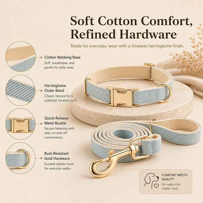 Herringbone Tweed Dog Collar and Leash Set for Large Dogs, Light Blue | Snag-free, no-rub design. Soft breathable cotton, gentle on fur. Adjustable durable matching combo for walks & outdoors.