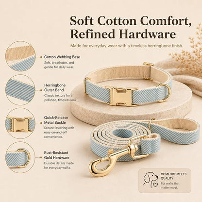 Herringbone Tweed Dog Collar and Leash Set for Large Dogs, Light Blue | Snag-free, no-rub design. Soft breathable cotton, gentle on fur. Adjustable durable matching combo for walks & outdoors.