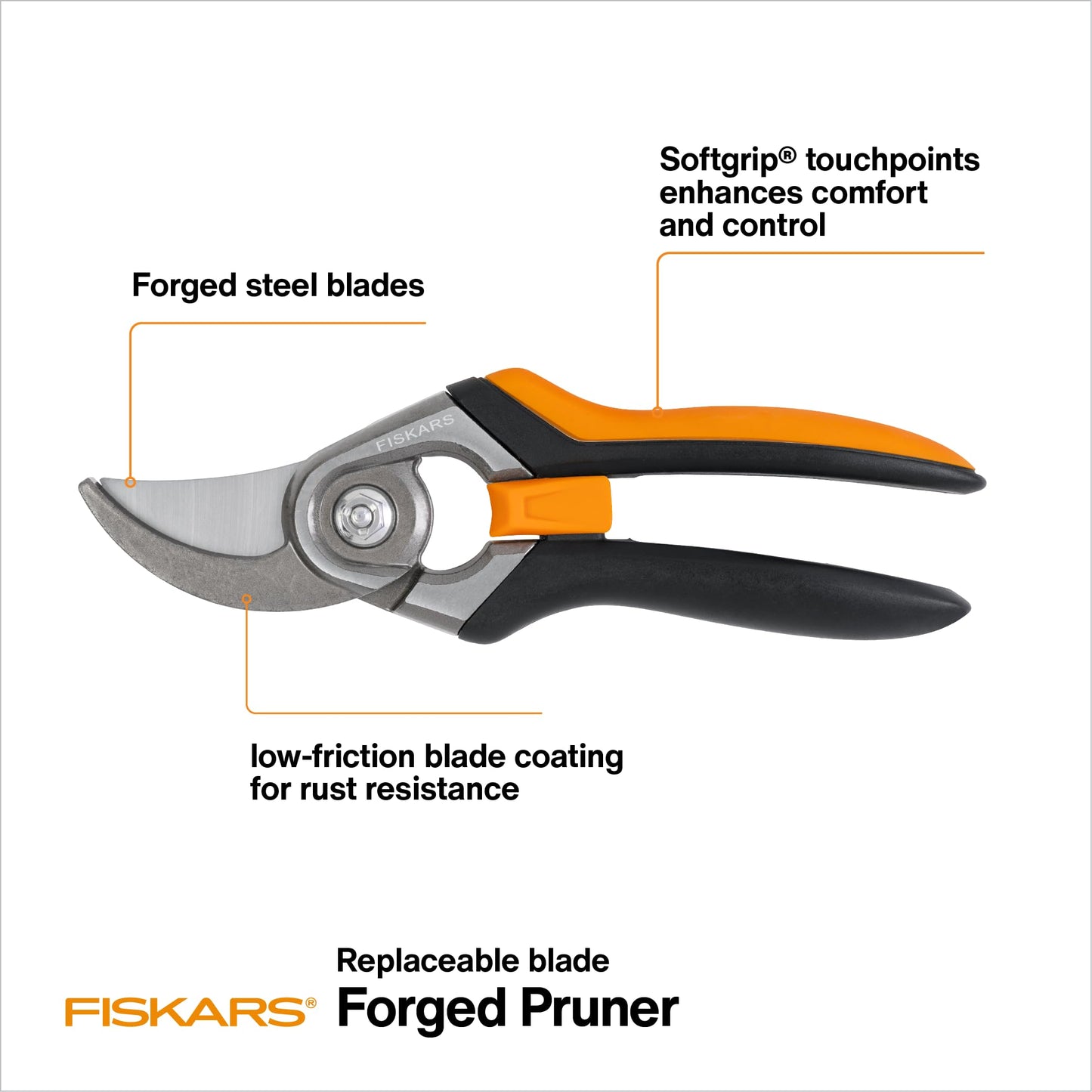 Fiskars Bypass Pruning Shears, 1" Cut Capacity Gardening Scissors, Forged Steel Replaceable Blade, SoftGrip Handle Garden Clippers, Rust Resistant Low Friction Coating for Branches & Stems