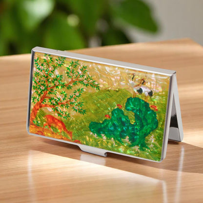February Mountain Korean Mother-of-Pearl Business Card Holder – Crane & Deer Nature Design | Unique Asian Art Office Gift for Men & Women | Elegant Card Case for Professionals