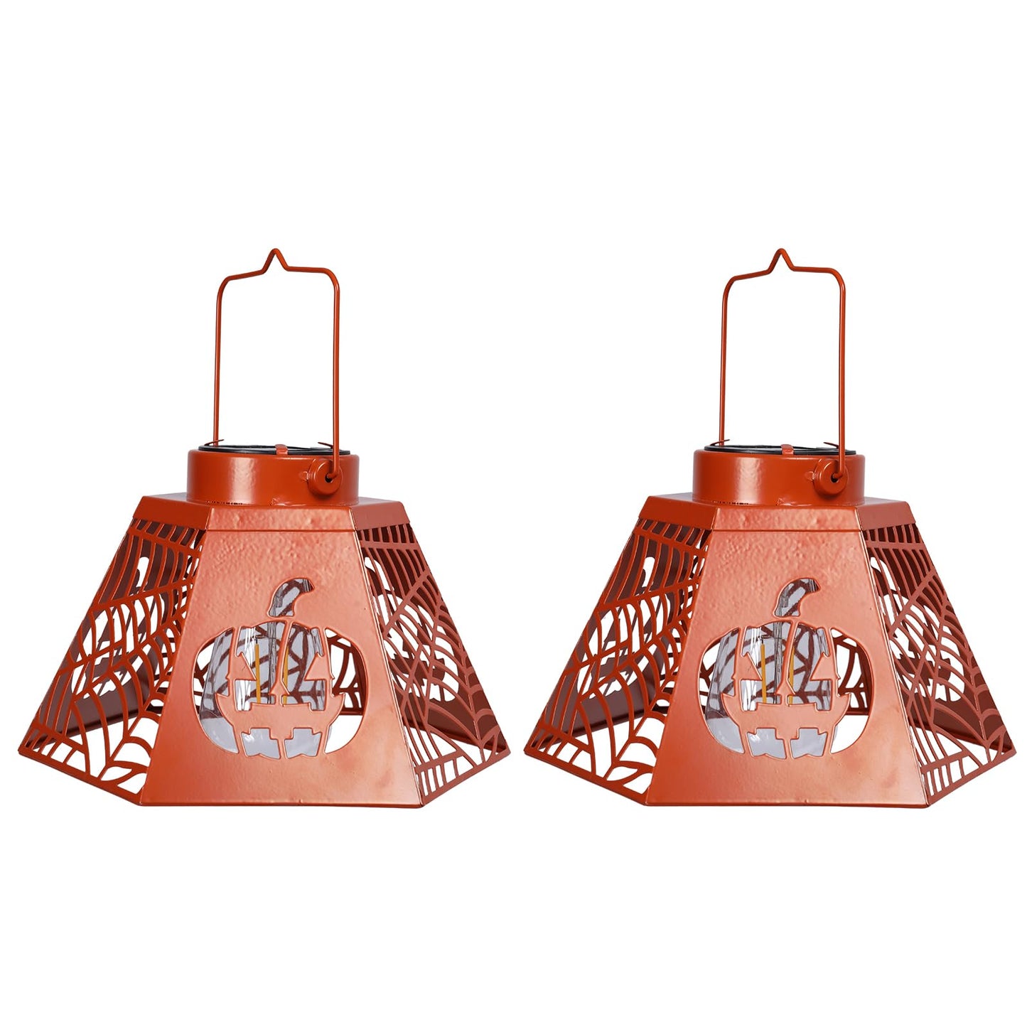 WONDER GARDEN Halloween Lantern Lights, 2 Pack Solar Hanging Pumpkin Lights, Metal Decorative Light for Outdoor Porch Yard Garden Tree Decor