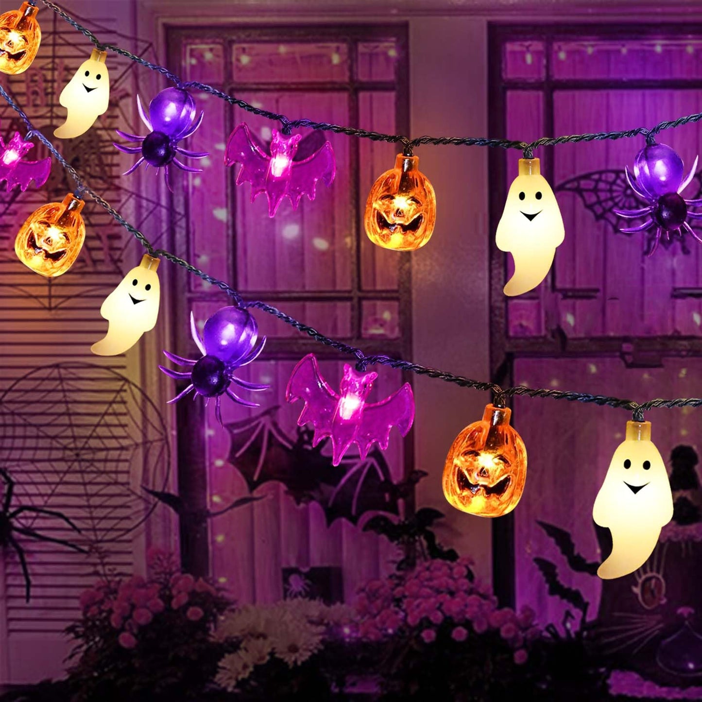 Janchs 40LED Solar Pumpkin Bat Ghost Spiders Lights for Halloween Decorations, 8 Modes, Waterproof, Auto On/Off, for Garden Decor, Halloween, Yard, Lawn, Outdoor Use