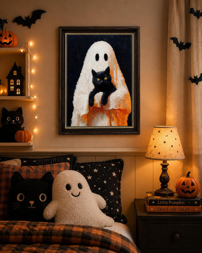 Ghost and Black Cat Wall Art 9x11, Dark Brown Framed Canvas Print, Cute Spooky Ghost Holding Cat Picture, Halloween Room Decor for Cat Lovers