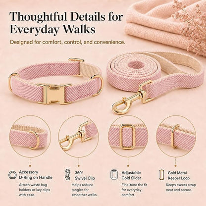 Herringbone Tweed Dog Collar and Leash Set for Medium Dogs, Pink | Snag-free, no-rub design. Soft breathable cotton, gentle on fur. Adjustable durable matching combo for walks & outdoors.