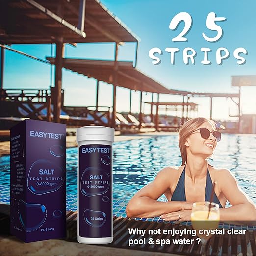 Saltwater Pool Test Strips, Swimming Pool and Spa Salt Test Strips Kit for Sodium Chloride Content 0-8000 ppm, 25 Count