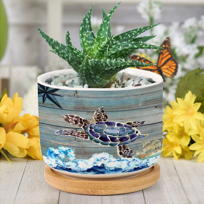 DreamAutumn Ocean Theme Sea Turtle Ceramic Pots for Plants with Drainage Holes Round Flower Pot Bamboo Tray Orchid Pot Succulents Pots for Outdoor Indoor Plants,Housewarming Gifts