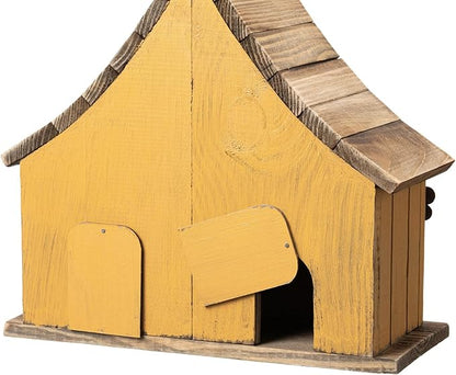 Glitzhome Bird Houses for Outside, 10.75" L Distressed Solid Wood Hanging Birdhouse with 3D Flowers Rustic Two-Story Townhouse Hand-Painted Garden Bird Houses for Outdoors,Washed Yellow