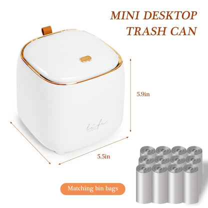 PANDENNER Mini Countertop Trash Can with 10 Rolls of Trash Bags,Tiny Desk Trash Cans with Press Type Lid, Desktop TrashCan Applicable for Bathroom Vanity Home Office (White)
