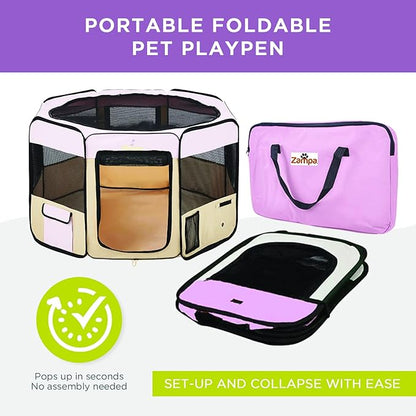 Zampa Puppy Pop Up Portable Playpen for Dog and Cat, Foldable | Indoor/Outdoor Kitten Pen & Travel Pet Carrier + Carrying Case (Pink, Extra Small (29"x29"x17"))