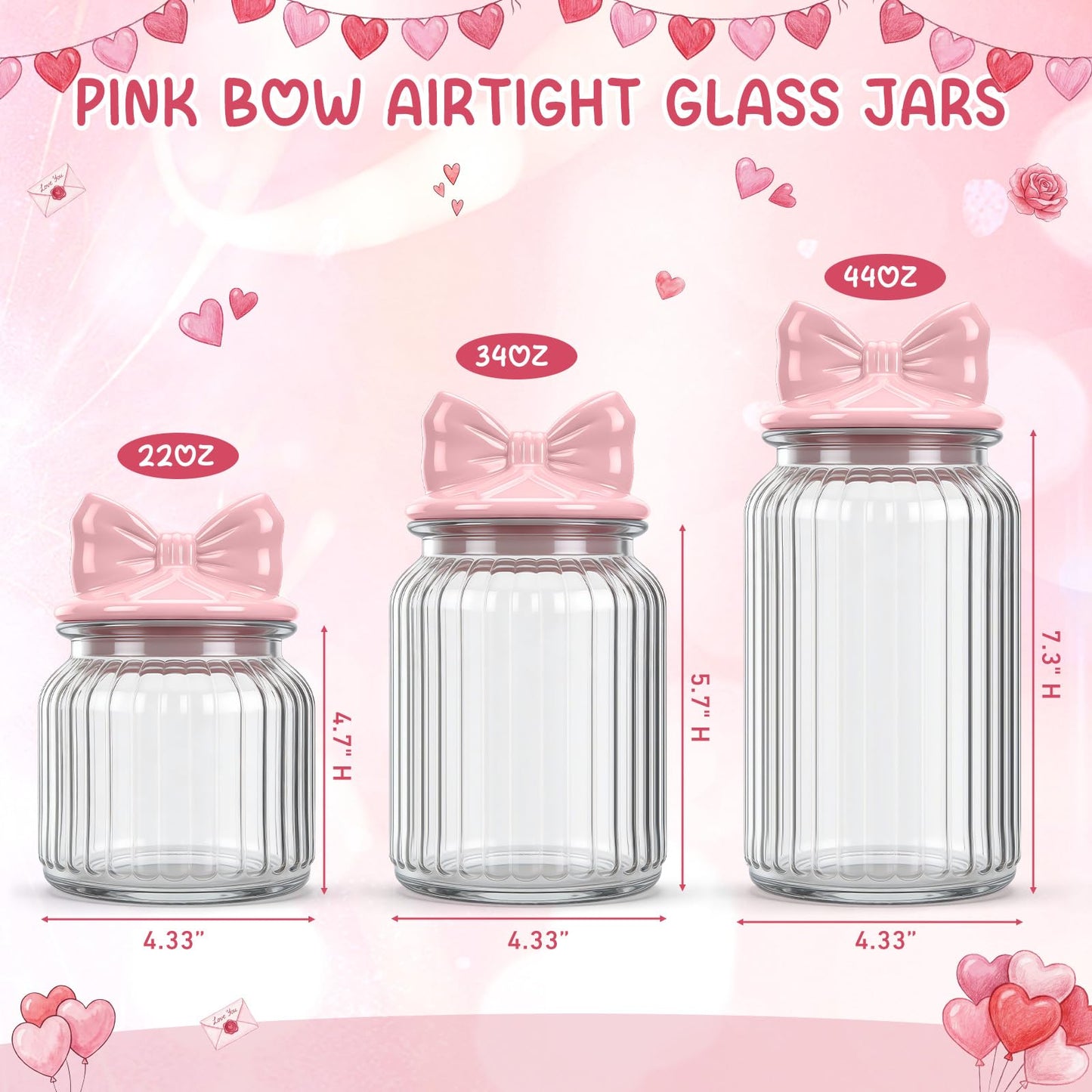 Potchen 3 Set Candy Jars Airtight Glass Cookie Jars with Ceramic Lid Cute Clear Cookie Storage Canister for Spring Summer Baby Shower Party(Bow and Stripes,Pink)
