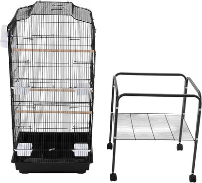 Large Bird Cage with Rolling Stand, Parrot Cage for Parakeets Cockatiels Conures, Heavy Duty Metal Birdcage with Wheels, Removable Tray & Storage Shelf for Indoor Use (Black)