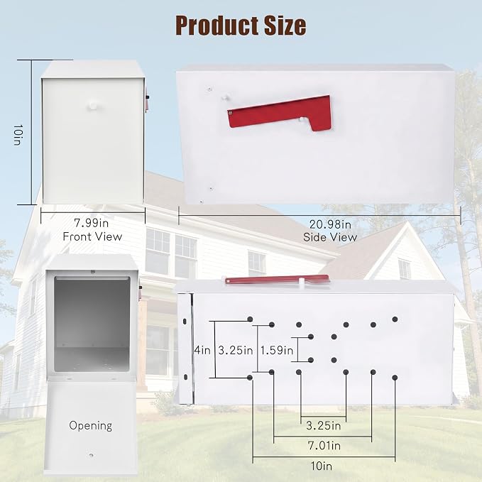 Large Mailboxes for Outside Post Mount Mailbox, Metal Mail Box with Magnetic Latch, Galvanized Steel Modern Mailbox for House Outside, 20.9 x 7.9 x 10 Inches, White