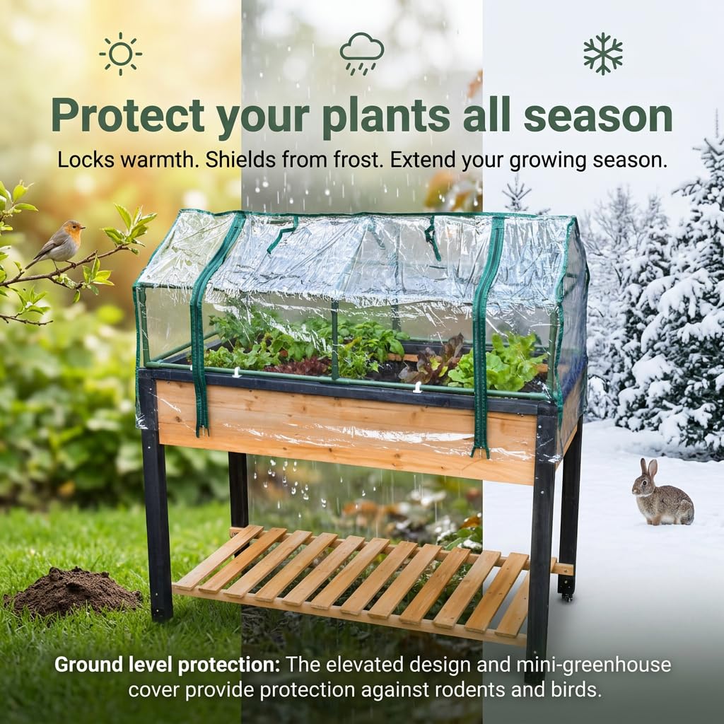 GOJ Raised Garden Bed Wood 48x24x32 inch with Greenhouse & Lockable Wheels - Elevated Wood Planter Box for Outdoors Vegetable Flower Bed Herb Planter - 400 lbs Capacity