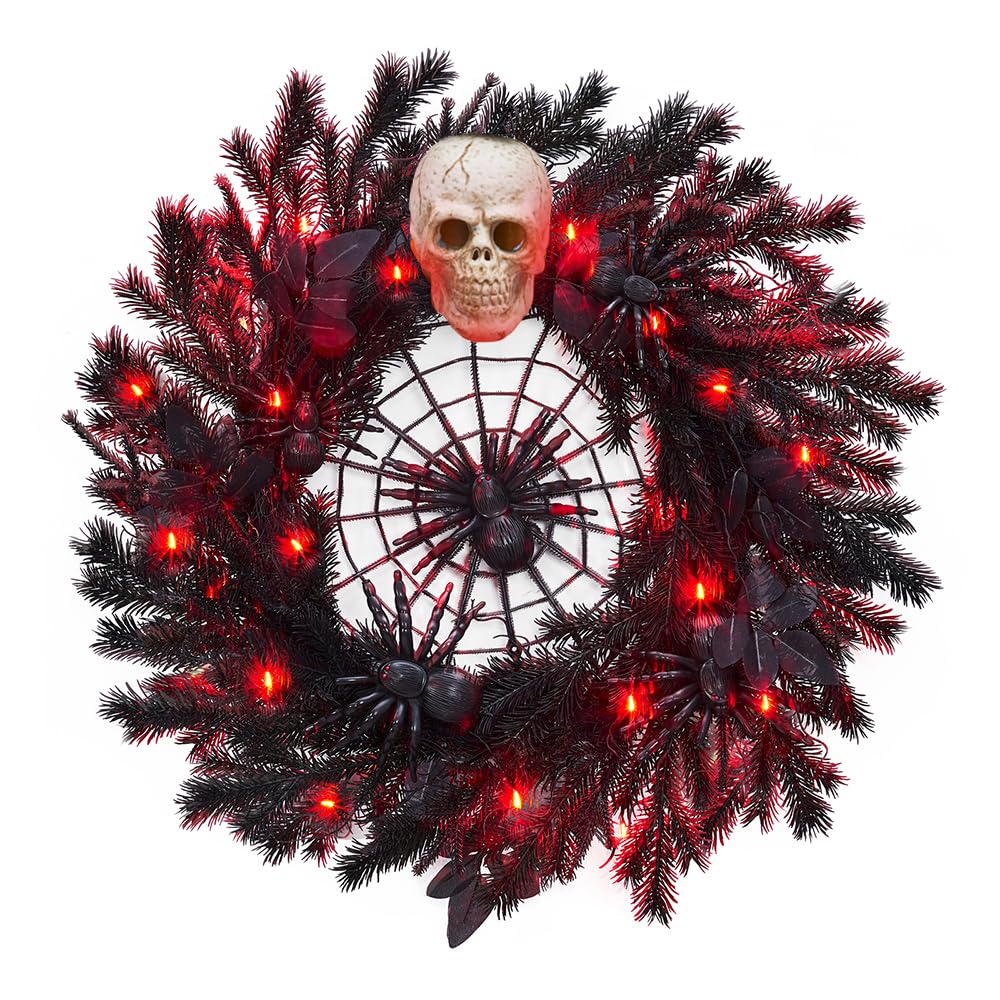 22" Halloween Wreath with Lights, Black Twig Wreath with Scary Skull and Spider, Artificial Halloween Party Decorations for Front Door Indoor Outdoor Wall Window Porch