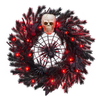 22" Halloween Wreath with Lights, Black Twig Wreath with Scary Skull and Spider, Artificial Halloween Party Decorations for Front Door Indoor Outdoor Wall Window Porch