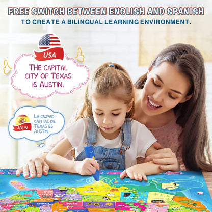 Qiaojoy Bilingual Interactive for Kids Talking USA Map for Kids Learning, Geography Toys Games Educational Electronic Map Christmas Personalized Gift/Toys for 4 5 6 7 8 9 10 Year Old Girls/Boys