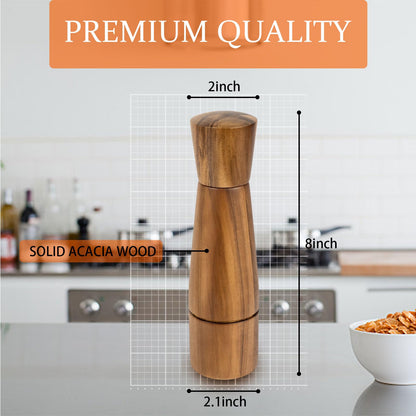 Pepper Grinder, VanlonPro Wooden Pepper Mill Salt Mill, 8 inch tall, Adjustable Coarseness Peppermill and easily refillable, Ceramic Grinding Mechanism