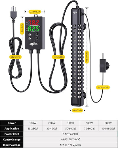 SEAOURA Aquarium Heater, 800W Fish Tank Heater for 100-180 Gallon, Submersible Heater for Aquarium with Over-Temperature Protection, Adjustable Intelligent Controller Auto Power-Off