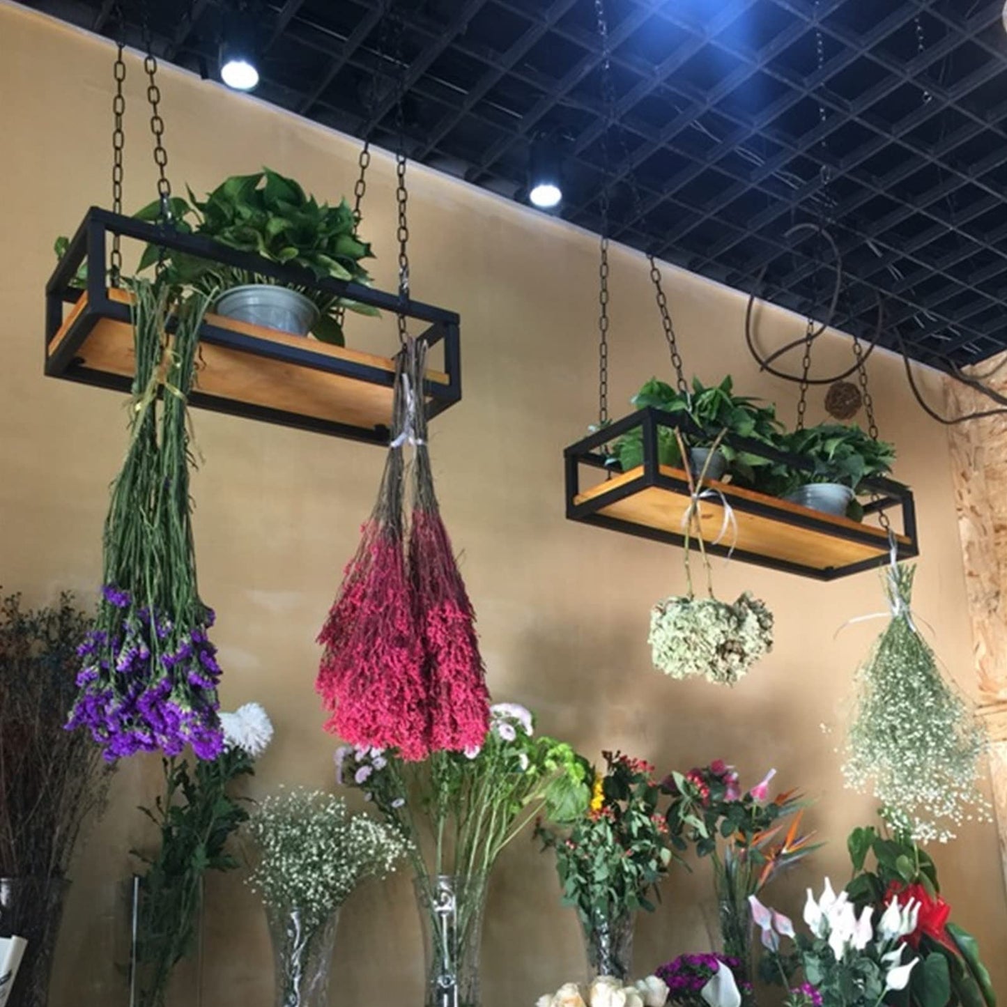 Hanging Flower Pot Display Rack - Wooden & Metal Plant Stand for Balcony, Bar, Patio, Garden - Adjustable Sizes 60/80/100/120/140cm - Stylish Railing Shelf for Flower Baskets