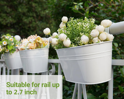 Dahey 10.5 Inch Metal Iron Hanging Flower Pots for Railing Fence Hanging Bucket Pots Countryside Style Outdoor Planter Window Flower Plant Holder with Detachable Hooks Home Decor,White,4 Pcs