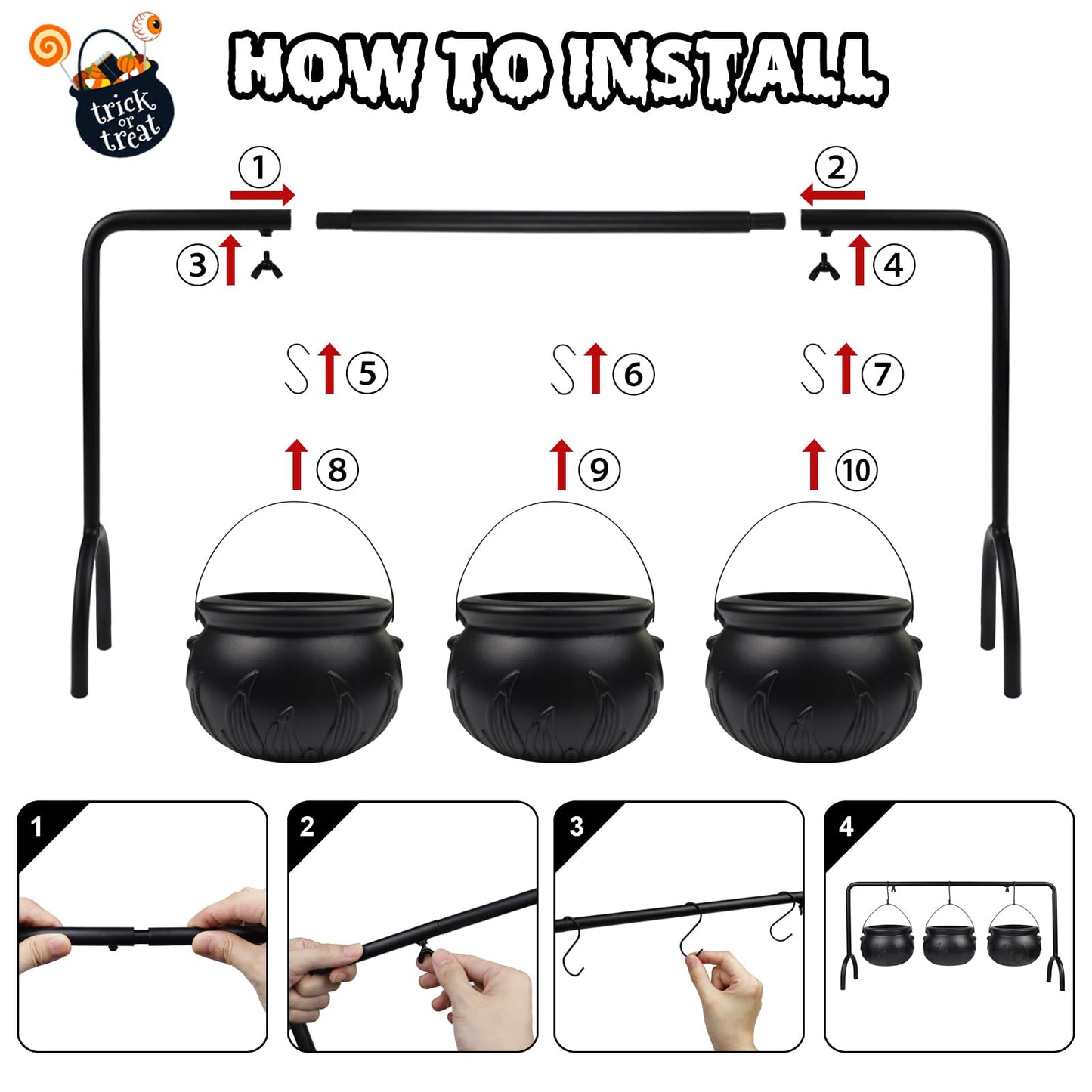 CESOF Cauldron Halloween Party Decor, Set of 12 Hanging Black Plastic Cauldron Bowls with Iron Rack, Large and Mini Candy Bucket Serving Punch Bowl for Table Witch Hocus Pocus Indoor Home Decorations