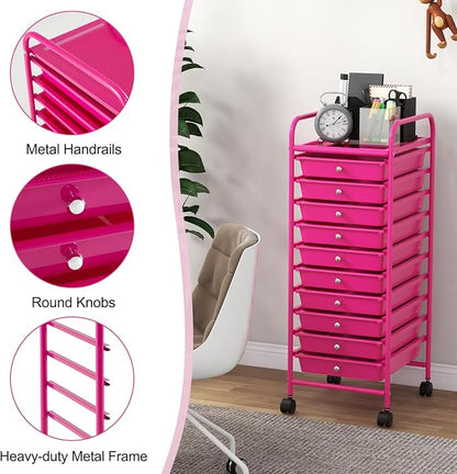MEDIMALL 10 Drawers Rolling Storage Cart, Multipurpose Craft Storage Cart with Wheels, Mobile Tools Scrapbook Paper Organizer Cart for Office School Home Use