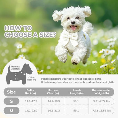 Small Dog Collar Harness and Leash Set with Bowtie, Adjustable Dog Harness Collar and Leash Set with Secure Metal Buckle, Breathable Cotton Adjustable Pet Puppy Harness, Easy Walk Harness, M(16-21")