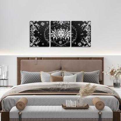 Sun And Moon Canvas Wall Art Set of 3 for Bedroom Living Room, Boho Exotic Style Paintings Wall Decor Black White Bohemian Mandala Print Wall Art Botanical Floral Decor Poster Prints