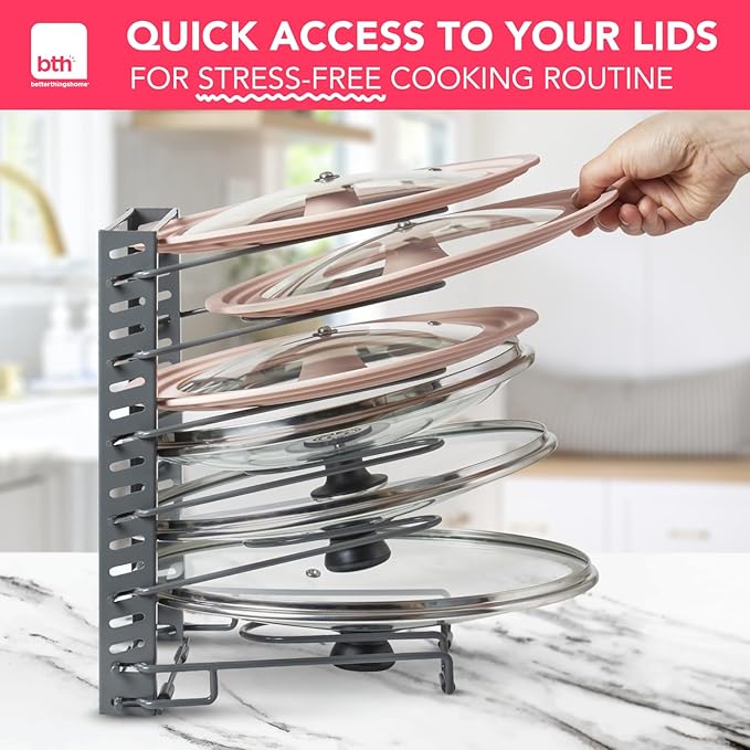 Free-Standing Adjustable Pot Lid Organizer for Cabinet - Kitchen Storage Rack 6 Adjustable Shelves, Pot Lid Holder, Pan and Pot Rack Organizer, Pantry & Inside Cabinet Organizer (13” Clearance)