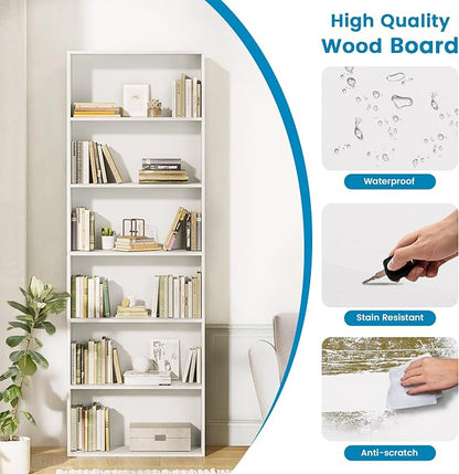GRUSIGN 71" Tall 6-Tier Bookshelf, Large Open Display Bookcase with Ample Storage, Floor Standing Book Shelf for Living Room, Home Office, Bed Room, White