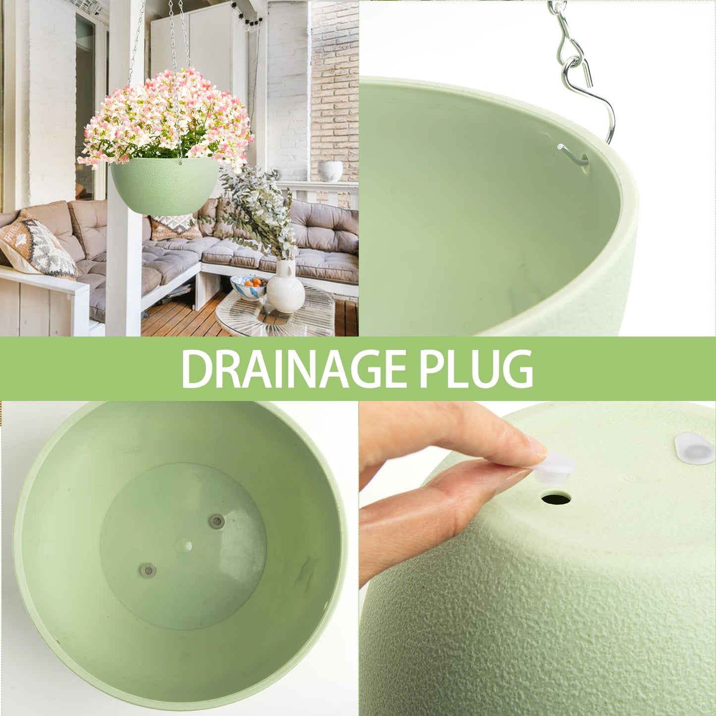 XXXFLOWER Hanging Planters 2 Pack Hanging Baskets Plastic Flower Pot with Drainage Hole & Chain & Hook,Hanging Flower Baskets for Indoor and Outdoor Plants,Home Wall Boho Decor（Green）
