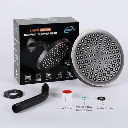 High Pressure Rainfall Shower Head, 6 Inches Showerhead with Perfect Adjustable Replacement, Removable Restrictor, Easy Installation for Bathroom Shower Head (Oil Rubbed Bronze+Shower Arm)