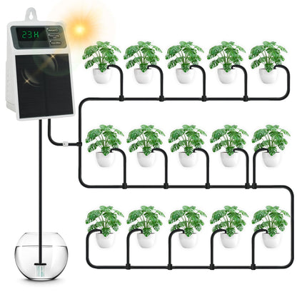 Solar Automatic Drip Irrigation System, 15 Pot Self Watering System with 2200mAh, IPX5 Waterproof, USB-C & Solar Charging, Timer Modes for Indoor/Outdoor Garden, Balcony & Patio