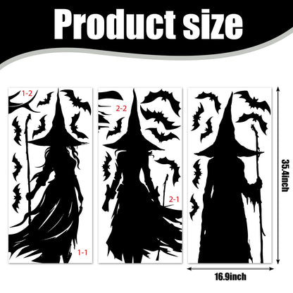 Whaline Extra Large Halloween Window Clings Black Witch Silhouette Window Decals Dark Academia Gothic Style Double-Sided Reusable for Spooky Holiday Home Office School Party Decoration,3 Sheets
