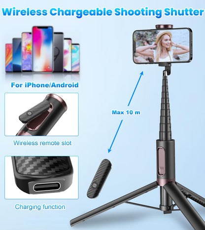 TONEOF 68" Magnetic Selfie Stick Tripod with Aluminum Strong Magnetic Holder for Magsafe, 360° Rotatable Travel Phone Tripod Stand with Metal Ring & Rechargeable Remote for iPhone/Android(Beige Gray)