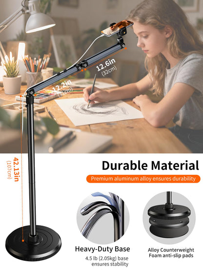 NIFBANG Floor Phone Stand for Video Recording,Overhead Cell Phone Stand for Bed,360° Adjustable Desk iPhone Tripod Floor Holder with Long Extension Arm,Compatible with iPhone 17 16 Samsung and Android
