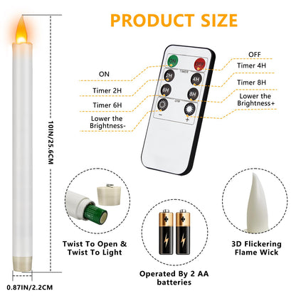 wemarry 10" Flameless Taper Candles with Remote, Electric Led Candlesticks, Plastic Tall Taper Candles Battery Operated with Flickering Flame for Halloween Christmas Wedding Home Décor (White, 6 Pack)
