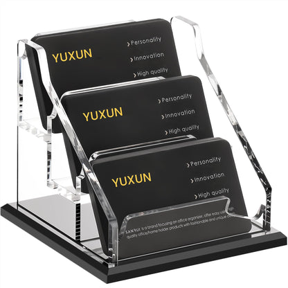 YUXUN Black Business Card Holder for Desk-3 Tier 3 Slot, Acrylic Business Card Holder for Women Men, 100+ Business Cards Display Stand, Multiple Business Card Display for Exhibition, Home, Office