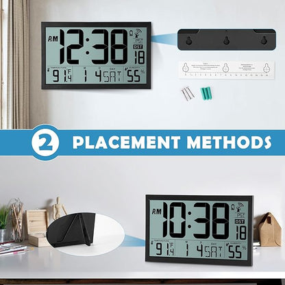 SZELAM Atomic Clock,16.7" Large Display Digital Wall Clock Battery Operated,Digital Calendar Auto Setting Desk Clocks with Indoor Temperature, Humidity,Date,Day,Auto DST for Elderly Bedroom Classroom