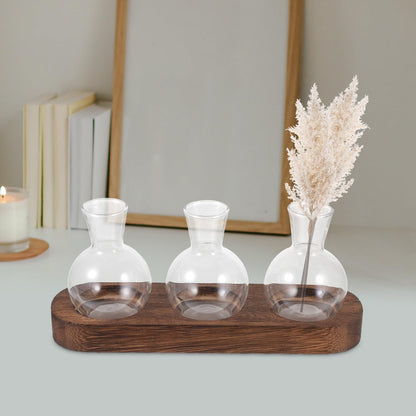INOOMP Glass Floral Vase Set with Wooden Base, Hydroponic Plant Terrarium for Office and Living Room Desktop Decoration, 3pcs Small Glass Vases for Home Flower Centerpieces