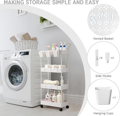 danpinera Storage Cart, 4 Tier Narrow Rolling Storage with Wheels & Dividers, Bathroom Organizer Slim Laundry Cart with Handle Hanging Cups Hooks, White