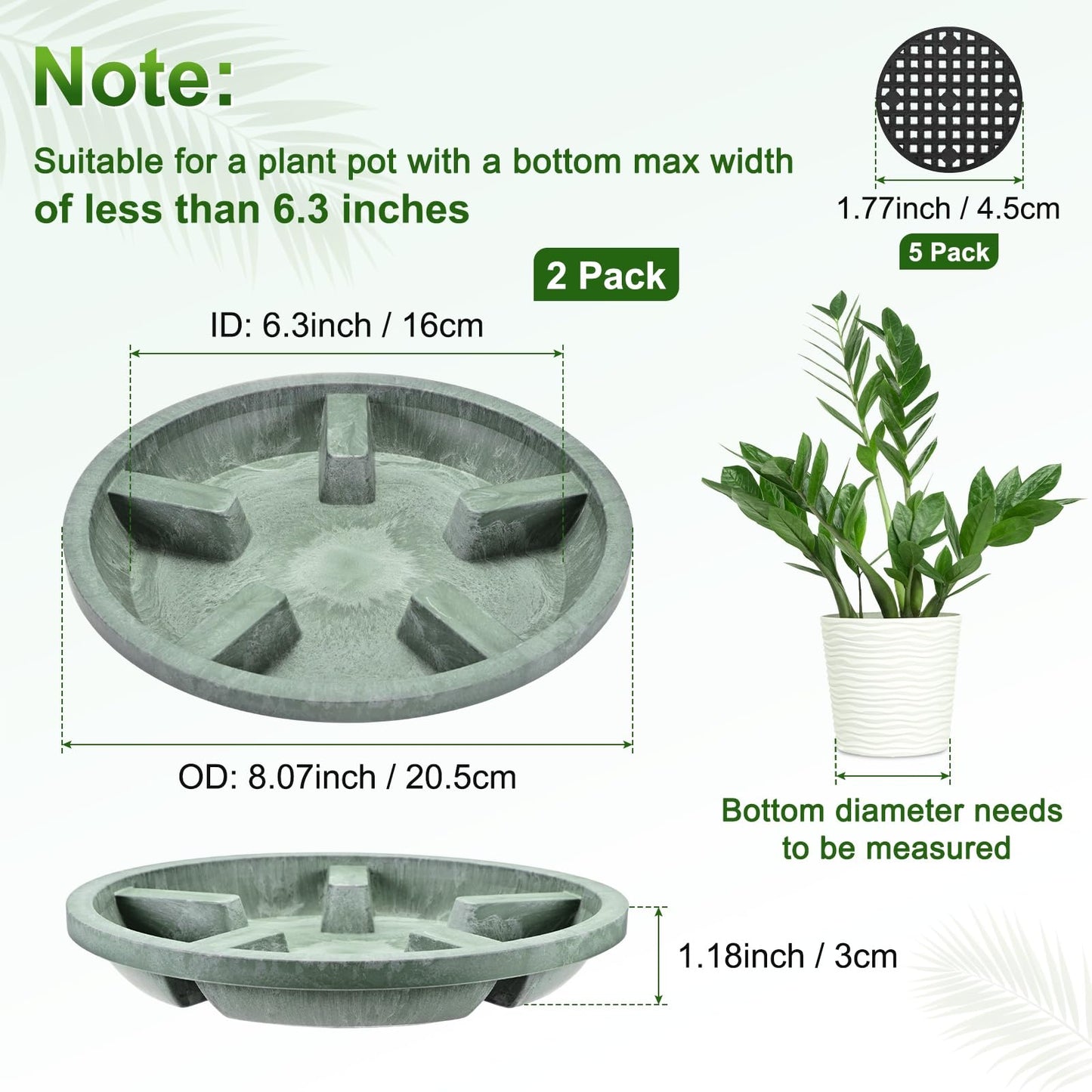 M METERXITY 2-Pack Plant Saucer, 6.3 Inch/16 cm Plastic Plant Trays Thicker for Pots/Indoor/Outdoor/Water Drainage and Protection, Flowerpot Drip Tray [Green Veins]