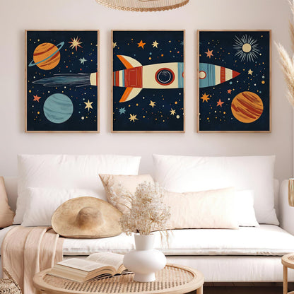 Nursery Wall Art Space Wall Art Set Of 3 Solar System Stars Poster Adventure Space Adventure Travel Posters Prints Rocketship Picture for Boys Girls Kids Children's Bedroom Playroom 12x16Inch UnFramed